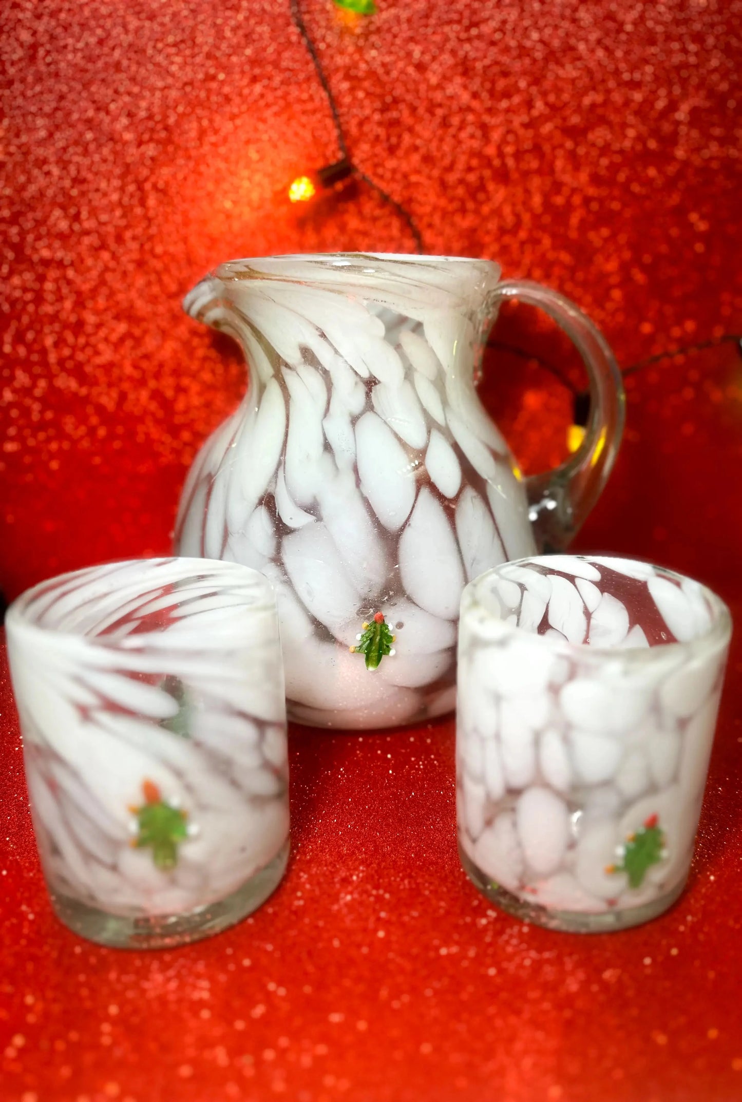 Set de Jarra y 4 Vasos Artesanales Soplados a Mano - Personaliza los Colores (Blanco , Azul y Verde)