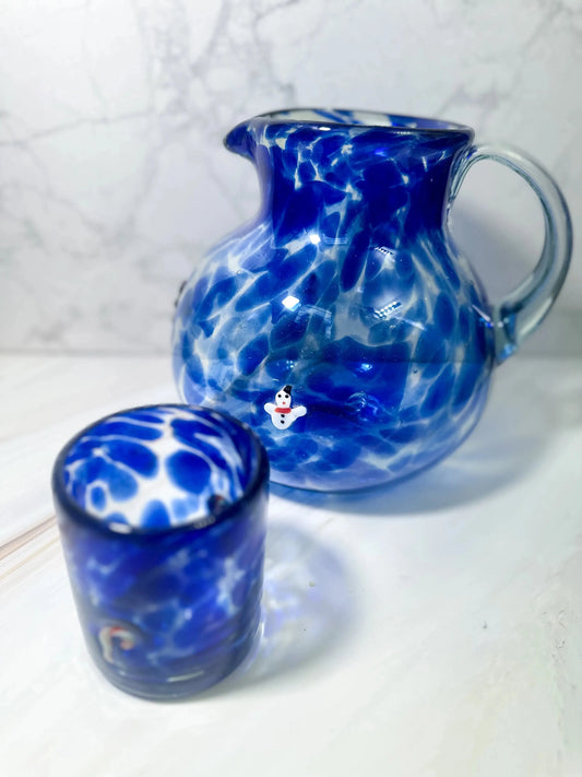 Set de Jarra y 4 Vasos Artesanales Soplados a Mano - Personaliza los Colores (Blanco , Azul y Verde)